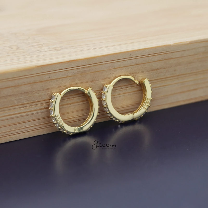 Sterling Silver C.Z Paved One-Touch Huggie Hoop Earrings - Gold-Cubic Zirconia, earrings, Hoop Earrings, Jewellery, Women's Earrings, Women's Jewellery-SSE0369-G-3_800-Glitters