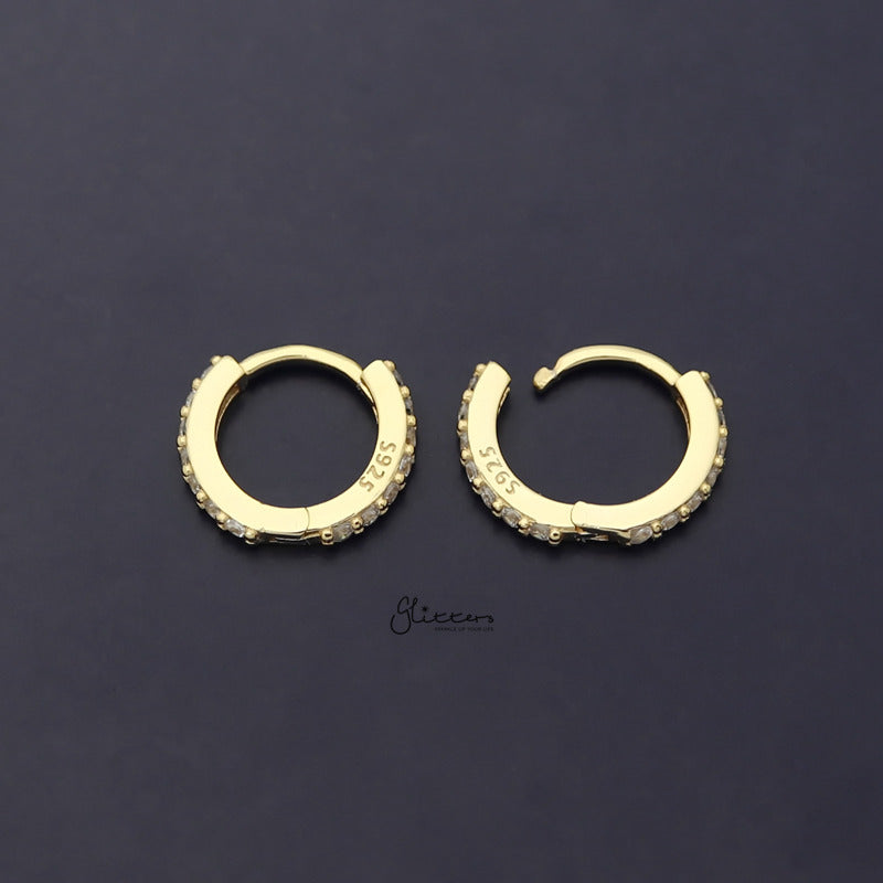 Sterling Silver C.Z Paved One-Touch Huggie Hoop Earrings - Gold-Cubic Zirconia, earrings, Hoop Earrings, Jewellery, Women's Earrings, Women's Jewellery-SSE0369-G-4_800-Glitters