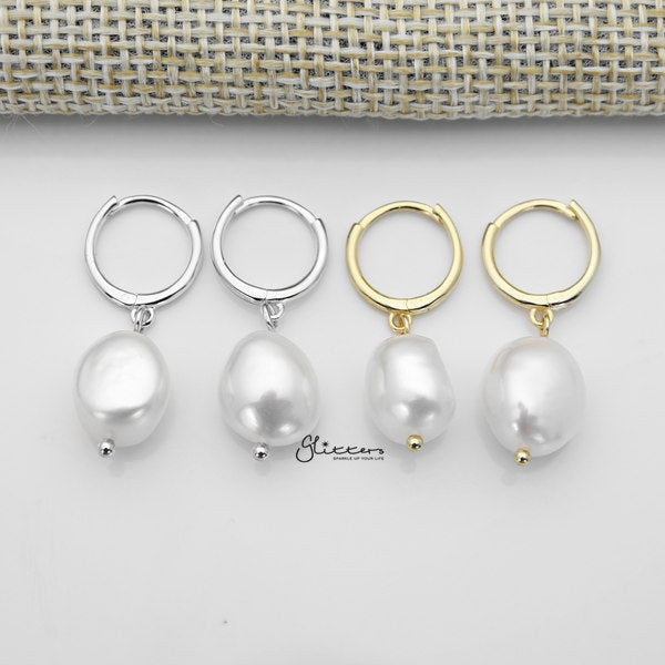 925 Sterling Silver Dangle Freshwater Pearl One-Touch Huggie Hoop Earrings-Cubic Zirconia, earrings, Freshwater Pearl, Hoop Earrings, Jewellery, Women's Earrings, Women's Jewellery-SSE0373-A_600-Glitters
