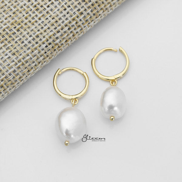 925 Sterling Silver Dangle Freshwater Pearl One-Touch Huggie Hoop Earrings-Cubic Zirconia, earrings, Freshwater Pearl, Hoop Earrings, Jewellery, Women's Earrings, Women's Jewellery-SSE0373-G_600-Glitters