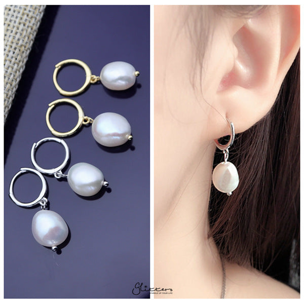 925 Sterling Silver Dangle Freshwater Pearl One-Touch Huggie Hoop Earrings-Cubic Zirconia, earrings, Freshwater Pearl, Hoop Earrings, Jewellery, Women's Earrings, Women's Jewellery-SSE0373-M-Glitters