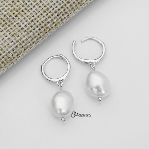 925 Sterling Silver Dangle Freshwater Pearl One-Touch Huggie Hoop Earrings-Cubic Zirconia, earrings, Freshwater Pearl, Hoop Earrings, Jewellery, Women's Earrings, Women's Jewellery-SSE0373-S_600-Glitters