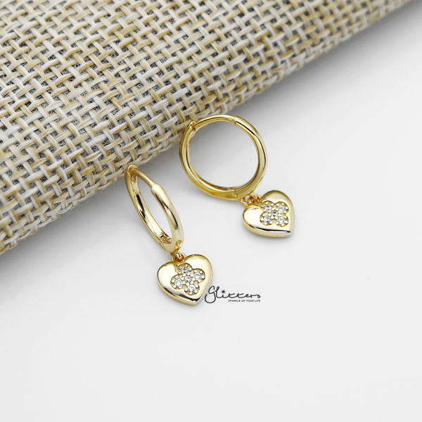 925 Sterling Silver Dangle C.Z Heart One-Touch Huggie Hoop Earrings-Cubic Zirconia, earrings, Hoop Earrings, Jewellery, Women's Earrings, Women's Jewellery-SSE0376-G_600-Glitters