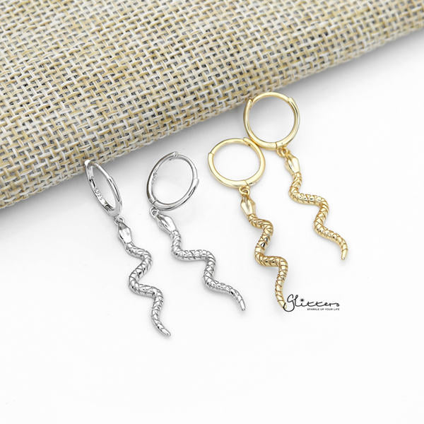 925 Sterling Silver Dangle Snake One-Touch Huggie Hoop Earrings-earrings, Hoop Earrings, Jewellery, Women's Earrings, Women's Jewellery-SSE0377-A_600-Glitters