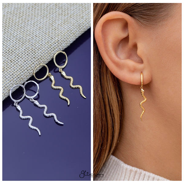 925 Sterling Silver Dangle Snake One-Touch Huggie Hoop Earrings-earrings, Hoop Earrings, Jewellery, Women's Earrings, Women's Jewellery-SSE0377-M-Glitters