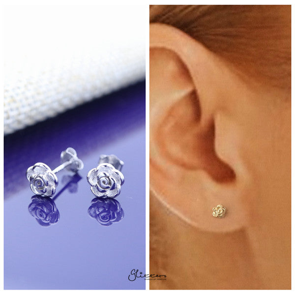Solid 925 Sterling Silver Rose Flower Stud Earrings-earrings, Jewellery, Stud Earrings, Women's Earrings, Women's Jewellery-SSE0393-3-Glitters