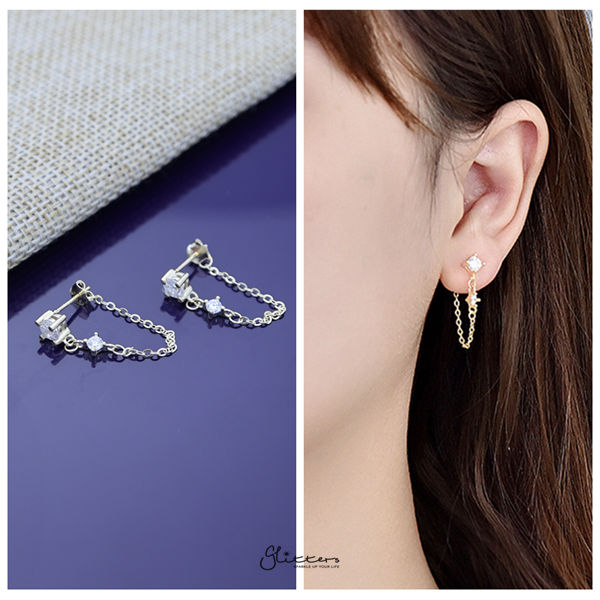 925 Sterling Silver Two C.Z with Chain Stud Earrings - Gold-Cubic Zirconia, earrings, Jewellery, Stud Earrings, Women's Earrings, Women's Jewellery-SSE0394-G2-Glitters