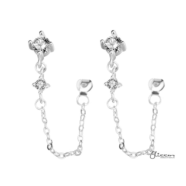 925 Sterling Silver Two C.Z with Chain Stud Earrings - Silver-Cubic Zirconia, earrings, Jewellery, Stud Earrings, Women's Earrings, Women's Jewellery-SSE0394-S1-Glitters