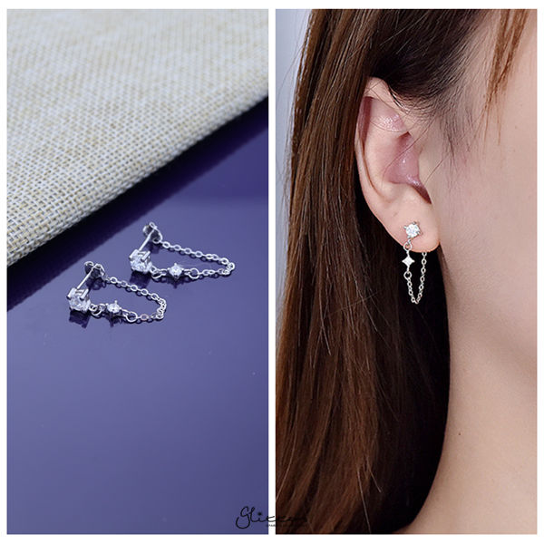 925 Sterling Silver Two C.Z with Chain Stud Earrings - Silver-Cubic Zirconia, earrings, Jewellery, Stud Earrings, Women's Earrings, Women's Jewellery-SSE0394-S2-Glitters