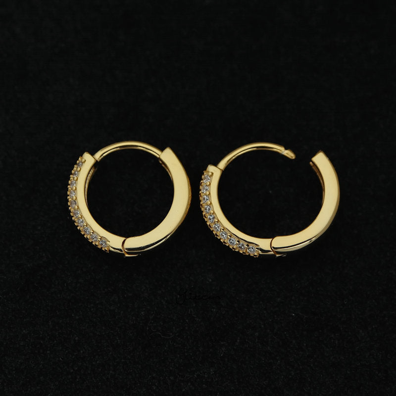 2 Lines CZ Paved Sterling Silver One-Touch Huggie Hoop Earrings - Gold-Cubic Zirconia, earrings, Hoop Earrings, Jewellery, Women's Earrings, Women's Jewellery-SSE0399-G-3_800-Glitters