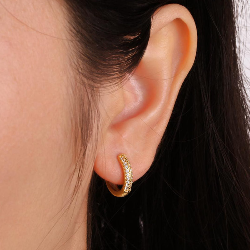 2 Lines CZ Paved Sterling Silver One-Touch Huggie Hoop Earrings - Silver-Cubic Zirconia, earrings, Hoop Earrings, Jewellery, Women's Earrings, Women's Jewellery-SSE0399-M-3_800-Glitters