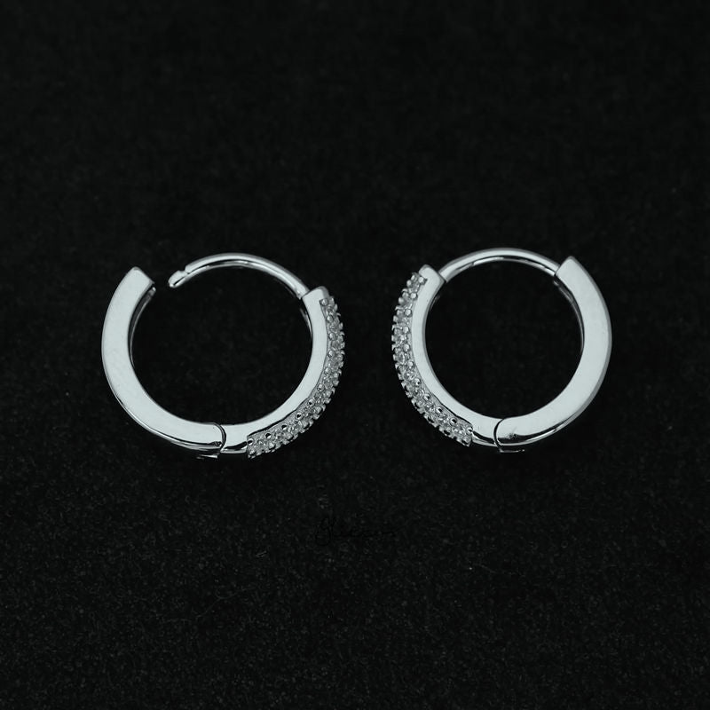 2 Lines CZ Paved Sterling Silver One-Touch Huggie Hoop Earrings - Silver-Cubic Zirconia, earrings, Hoop Earrings, Jewellery, Women's Earrings, Women's Jewellery-SSE0399-S-3_800-Glitters