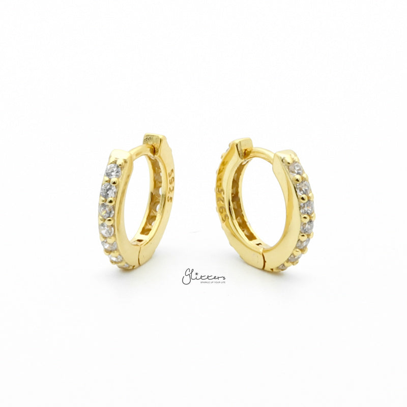 Sterling Silver CZ Paved One-Touch Huggie Hoop Earrings - Gold-Cubic Zirconia, earrings, Hoop Earrings, Jewellery, Women's Earrings, Women's Jewellery-SSE0415-G1_800-Glitters