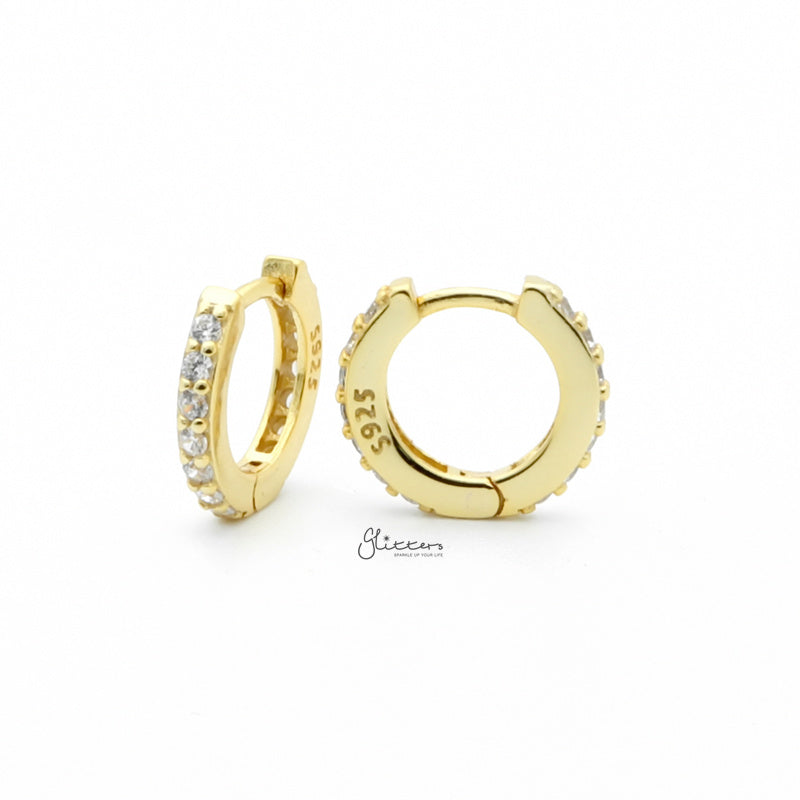 Sterling Silver CZ Paved One-Touch Huggie Hoop Earrings - Gold-Cubic Zirconia, earrings, Hoop Earrings, Jewellery, Women's Earrings, Women's Jewellery-SSE0415-G2_800-Glitters