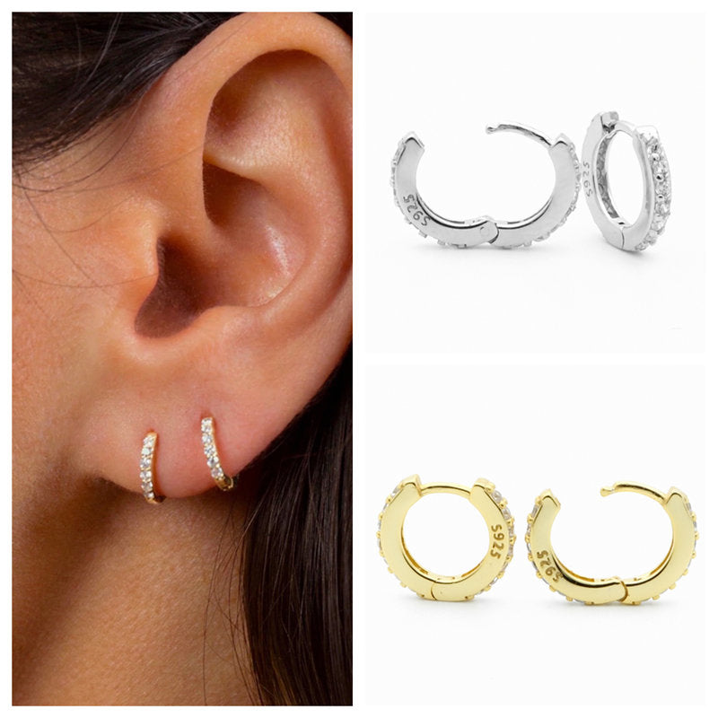 Sterling Silver CZ Paved One-Touch Huggie Hoop Earrings - Gold-Cubic Zirconia, earrings, Hoop Earrings, Jewellery, Women's Earrings, Women's Jewellery-SSE0415-M_c7542b29-5e8f-4992-8cc9-08f024f269ea-Glitters