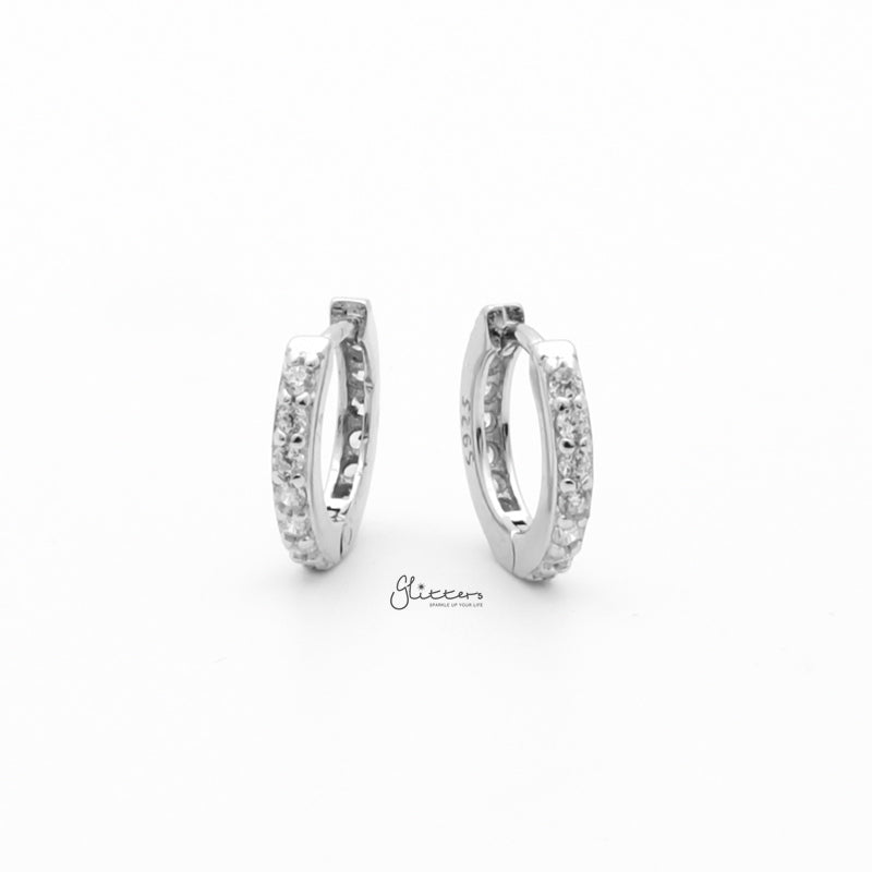 Sterling Silver CZ Paved One-Touch Huggie Hoop Earrings - Silver-Cubic Zirconia, earrings, Hoop Earrings, Jewellery, Women's Earrings, Women's Jewellery-SSE0415-S1_800-Glitters