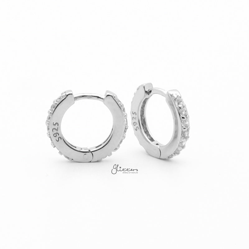 Sterling Silver CZ Paved One-Touch Huggie Hoop Earrings - Silver-Cubic Zirconia, earrings, Hoop Earrings, Jewellery, Women's Earrings, Women's Jewellery-SSE0415-S2_800-Glitters