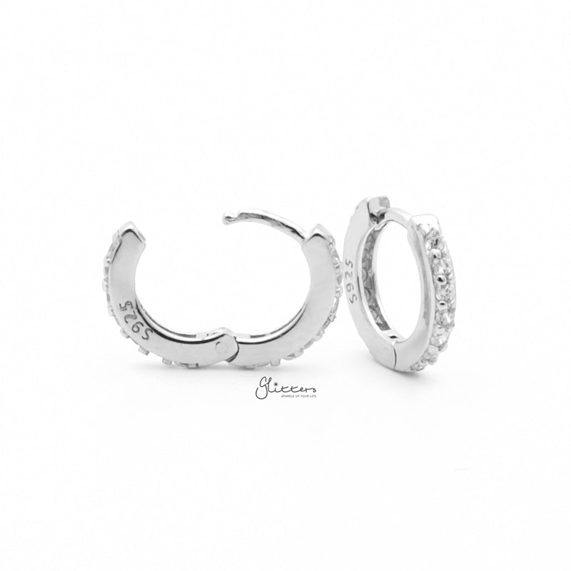 Sterling Silver CZ Paved One-Touch Huggie Hoop Earrings - Silver-Cubic Zirconia, earrings, Hoop Earrings, Jewellery, Women's Earrings, Women's Jewellery-SSE0415-S3_800-Glitters