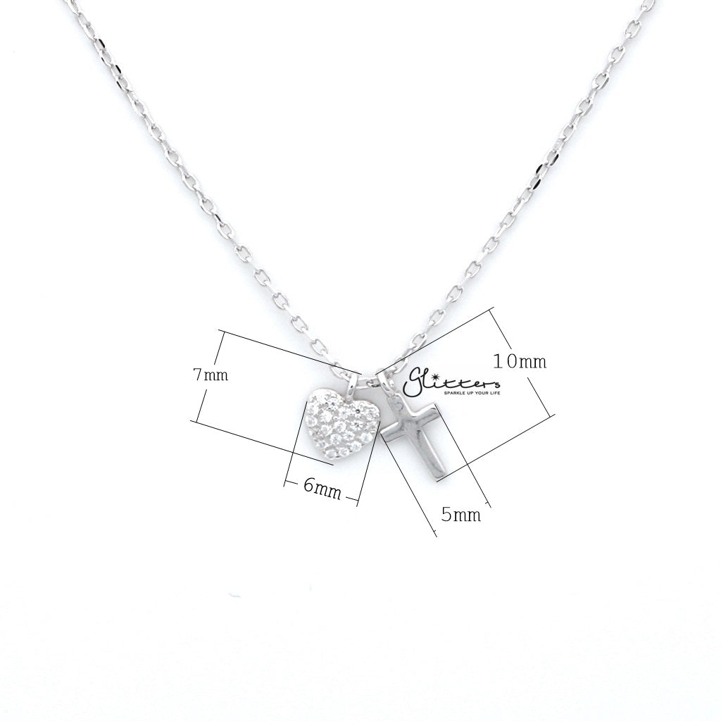 Sterling Silver CZ Paved Heart with Plain Cross Women's Necklace-Cubic Zirconia, Jewellery, Necklaces, Sterling Silver Necklaces, Women's Jewellery, Women's Necklace-SSP0124_1000-01_New-Glitters