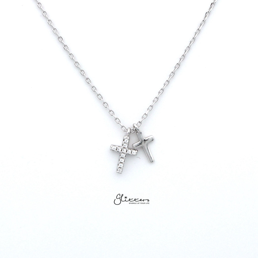 Sterling Silver CZ Paved Cross with Plain Cross Women's Necklace-Cubic Zirconia, Jewellery, Necklaces, Sterling Silver Necklaces, Women's Jewellery, Women's Necklace-SSP0126-1000-01-Glitters