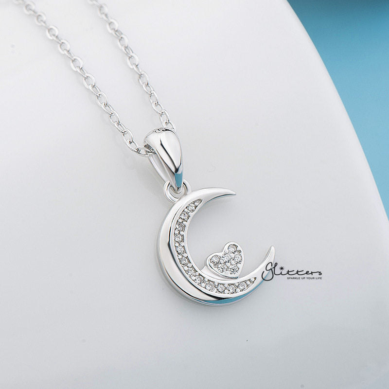 Sterling Silver CZ Paved Moon with CZ Heart in the Middle Women's Necklace-Cubic Zirconia, Jewellery, Necklaces, Sterling Silver Necklaces, Women's Jewellery, Women's Necklace-SSP0127_800-02-Glitters