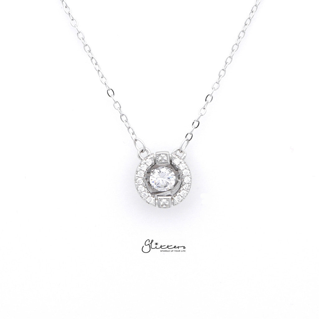 Sterling Silver Hollow CZ Paved Circle with a CZ Stone in The Middle Women's Necklace-Cubic Zirconia, Jewellery, Necklaces, Sterling Silver Necklaces, Women's Jewellery, Women's Necklace-SSP0129_1000-02-Glitters