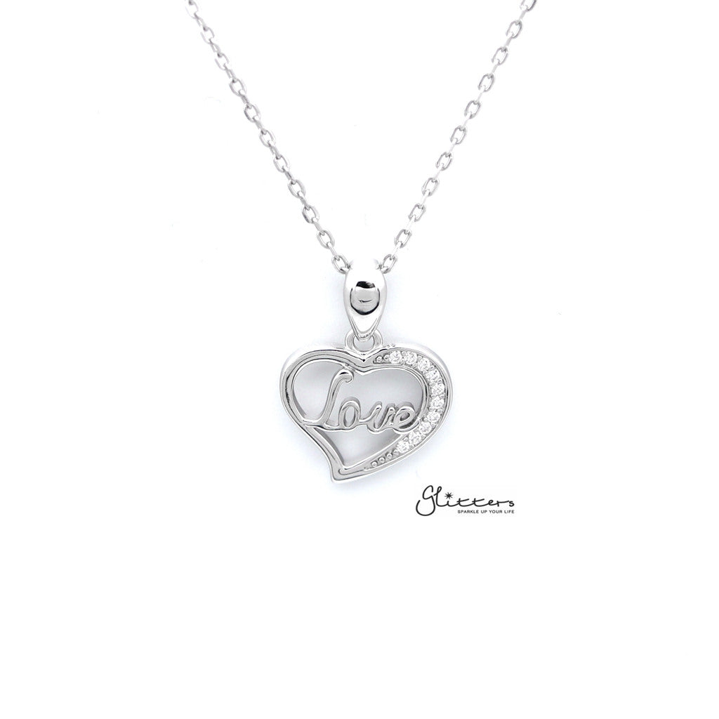Sterling Silver Hollow Heart with "Love" in the Middle Women's Necklace-Cubic Zirconia, Jewellery, Necklaces, Sterling Silver Necklaces, Women's Jewellery, Women's Necklace-SSP0135_1000-01-Glitters