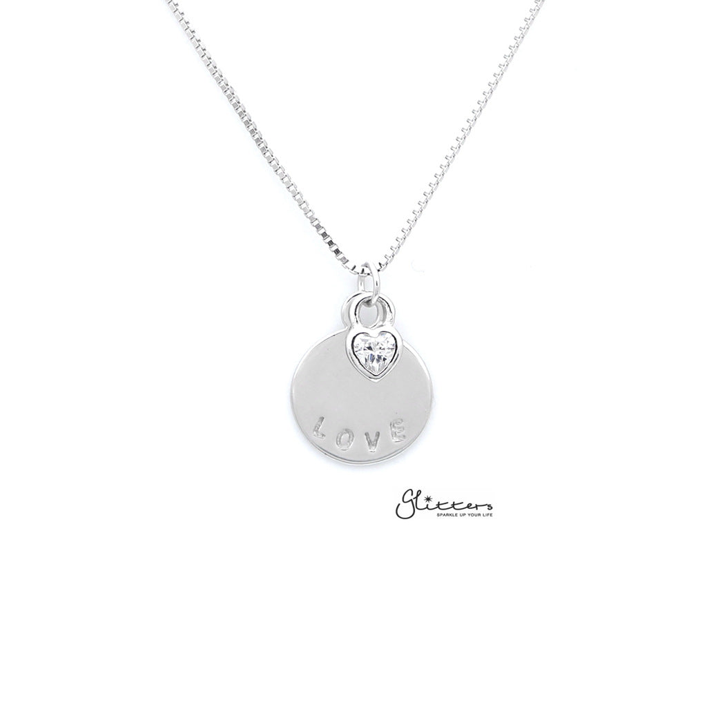 Sterling Silver C.Z Heart with Love Disc Women's Necklace with 45cm Chain-Jewellery, Necklaces, Sterling Silver Necklaces, Women's Jewellery, Women's Necklace-SSP0138_1000-01-Glitters