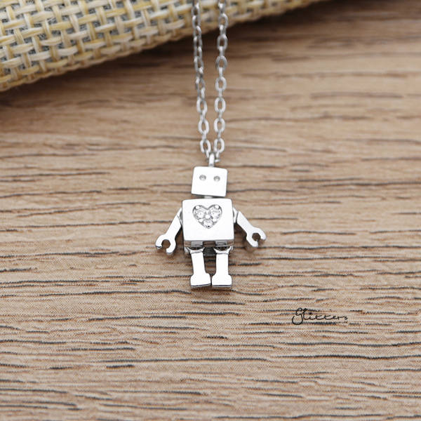 925 Sterling Silver Robot with C.Z Heart Pendant Necklace-Cubic Zirconia, Jewellery, Necklaces, Sterling Silver Necklaces, Women's Jewellery, Women's Necklace-SSP0163_600-Glitters