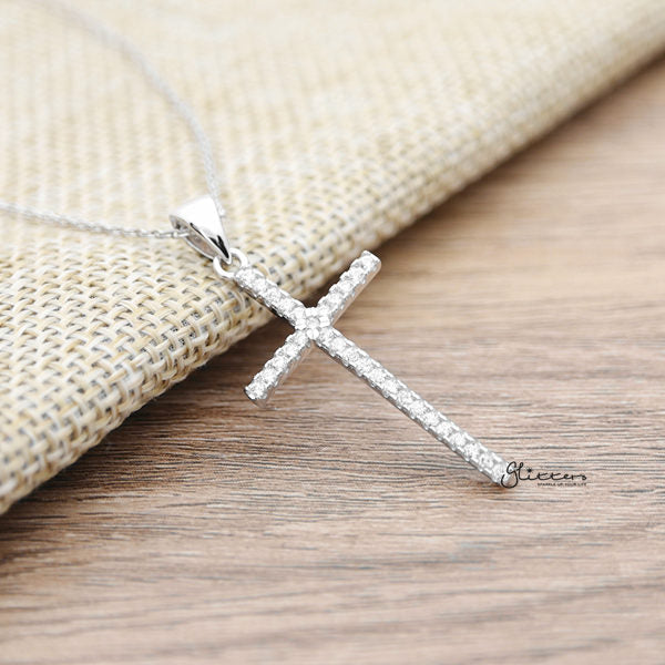 925 Sterling Silver C.Z Cross Necklace with 45cm Chain-Cubic Zirconia, Jewellery, Necklaces, Sterling Silver Necklaces, Women's Jewellery, Women's Necklace-SSP0164-01_600-Glitters