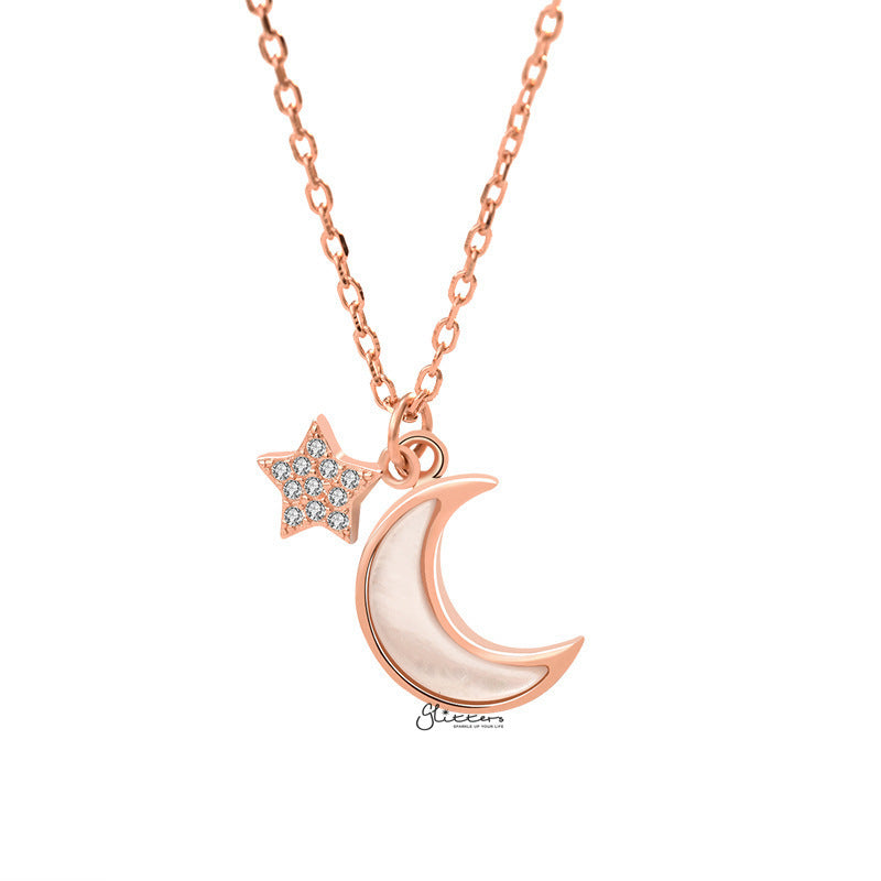 Sterling Silver Moon and Star Necklace - Rose Gold-Cubic Zirconia, Jewellery, Necklaces, Sterling Silver Necklaces, Women's Jewellery, Women's Necklace-SSP0168-RG1-Glitters