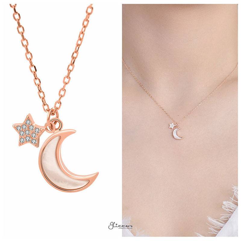 Sterling Silver Moon and Star Necklace - Rose Gold-Cubic Zirconia, Jewellery, Necklaces, Sterling Silver Necklaces, Women's Jewellery, Women's Necklace-SSP0168-RG2-Glitters