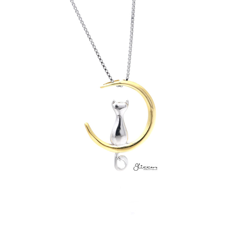 Sterling Silver Cat on the Moon Two Tone Pendant Necklace-Jewellery, Necklaces, Sterling Silver Necklaces, Women's Jewellery, Women's Necklace-SSP0171-1_800-Glitters