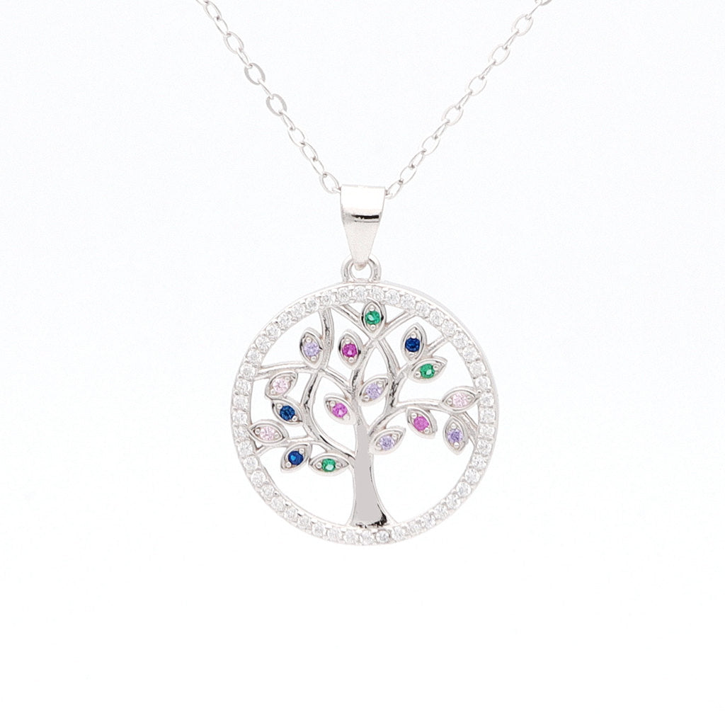 Multi Colour CZ Tree of Life Sterling Silver Necklace-Cubic Zirconia, Jewellery, Necklaces, New, Sterling Silver Necklaces, Women's Jewellery, Women's Necklace-SSP0176-1_1-Glitters