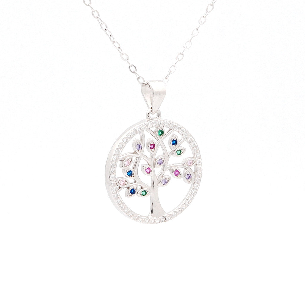 Multi Colour CZ Tree of Life Sterling Silver Necklace-Cubic Zirconia, Jewellery, Necklaces, New, Sterling Silver Necklaces, Women's Jewellery, Women's Necklace-SSP0176-2_1-Glitters