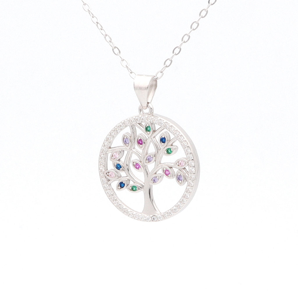 Multi Colour CZ Tree of Life Sterling Silver Necklace-Cubic Zirconia, Jewellery, Necklaces, New, Sterling Silver Necklaces, Women's Jewellery, Women's Necklace-SSP0176-3_1-Glitters