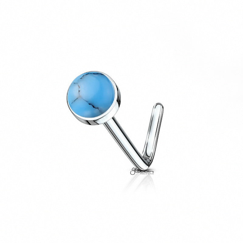 Turquoise Stone Set L Bend Nose Stud Ring-Body Piercing Jewellery, L Bend, Nose Piercing Jewellery, Nose Studs-SemiPreciousStoneSetLBendNoseStudRing-TQ_1-Glitters