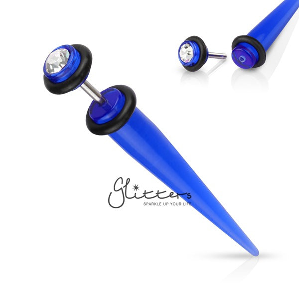 Blue Acrylic Fake Taper with Clear Gem on The Top-Body Piercing Jewellery, earrings, Fake Plug-TAFX03-BC-01-Glitters