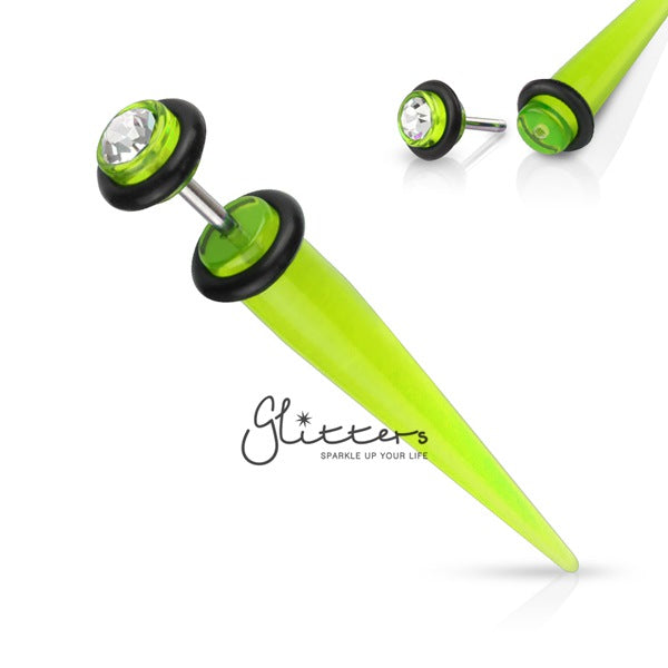 Green Acrylic Fake Taper with Clear Gem on The Top-Body Piercing Jewellery, earrings, Fake Plug-TAFX03-GC-02-Glitters