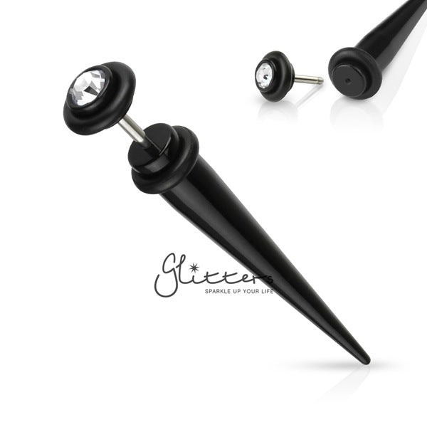 Black Acrylic Fake Taper with Clear Gem on The Top-Body Piercing Jewellery, earrings, Fake Plug-TAFX03-KC-03-Glitters