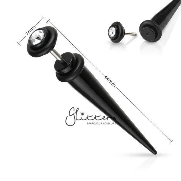 Black Acrylic Fake Taper with Clear Gem on The Top-Body Piercing Jewellery, earrings, Fake Plug-TAFX03-KC-03_New-Glitters