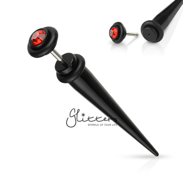 Black Acrylic Fake Taper with Red Gem on The Top-Body Piercing Jewellery, earrings, Fake Plug-TAFX03-KR-05-Glitters