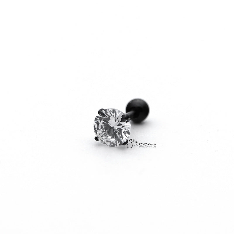 316L Surgical Steel Prong Set Round CZ Cartilage/Tragus Barbell Studs - Black/Clear-Body Piercing Jewellery, Cartilage, Cubic Zirconia, Jewellery, Tragus, Women's Earrings, Women's Jewellery-TG0016_01-Glitters