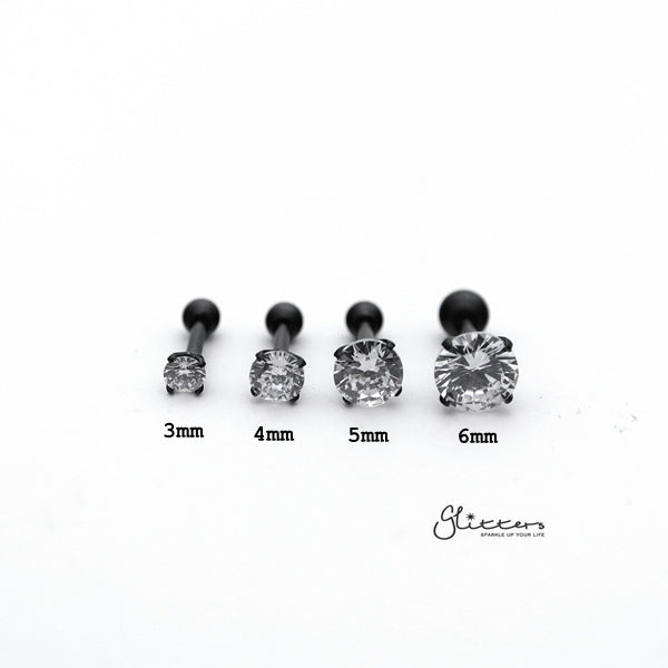 316L Surgical Steel Prong Set Round CZ Cartilage/Tragus Barbell Studs - Black/Clear-Body Piercing Jewellery, Cartilage, Cubic Zirconia, Jewellery, Tragus, Women's Earrings, Women's Jewellery-TG0016_02-Glitters