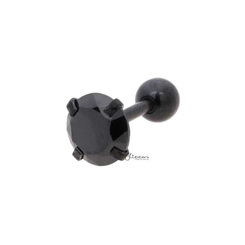 316L Surgical Steel Prong Set Round CZ Cartilage/Tragus Barbell Studs - Black-Body Piercing Jewellery, Cartilage, Cubic Zirconia, Jewellery, Tragus, Women's Earrings, Women's Jewellery-TG0017-Glitters