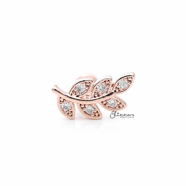 C.Z Paved Leaf Internally Threaded Top Cartilage/Tragus Flat Back Stud - Rose Gold-Body Piercing Jewellery, Cartilage, Cubic Zirconia, Jewellery, Tragus, Women's Earrings, Women's Jewellery-TG0022RG1_600-Glitters