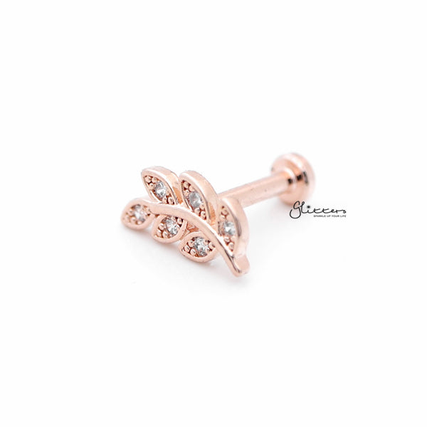 C.Z Paved Leaf Internally Threaded Top Cartilage/Tragus Flat Back Stud - Rose Gold-Body Piercing Jewellery, Cartilage, Cubic Zirconia, Jewellery, Tragus, Women's Earrings, Women's Jewellery-TG0022RG2_600-Glitters