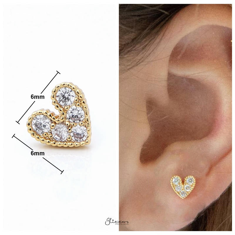C.Z Paved Heart Cartilage/Tragus Ball End | Flat Back Studs - Gold-Body Piercing Jewellery, Cartilage, Cubic Zirconia, Jewellery, Tragus, Women's Earrings, Women's Jewellery-TG0023-G3_New-Glitters