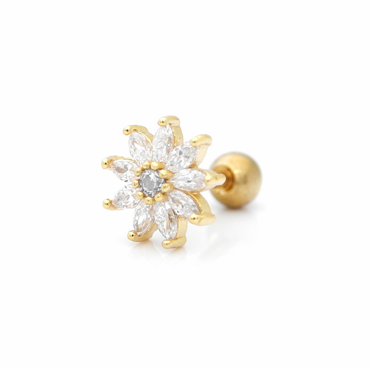 C.Z Pave Flower Cartilage Tragus Piercing Earring - Gold-Body Piercing Jewellery, Cartilage, Cubic Zirconia, earrings, Jewellery, Tragus, Women's Earrings, Women's Jewellery-TG0024-g3-Glitters