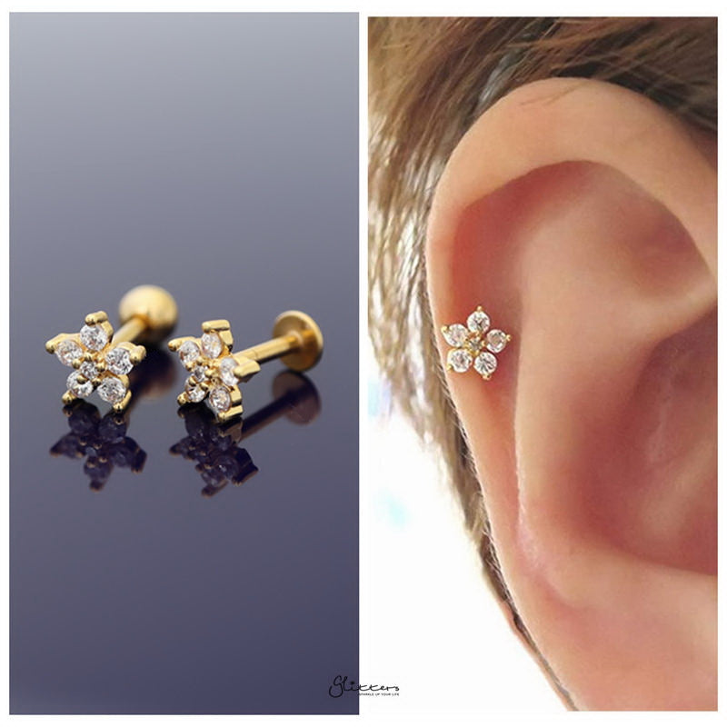 CZ Flower Cartilage Tragus Piercing Earring - Gold-Body Piercing Jewellery, Cartilage, Cubic Zirconia, earrings, Jewellery, Tragus, Women's Earrings, Women's Jewellery-TG0026-g2-Glitters